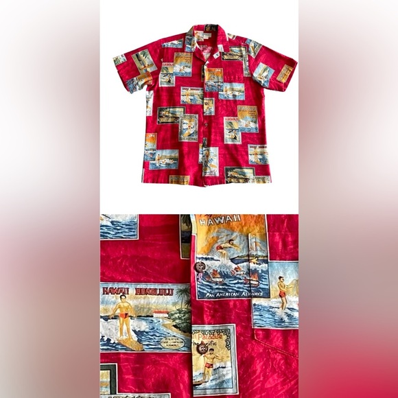 VTG KoleKole Mens M Button Down Postcard Aloha Print Shirt Hawaiian Red USA Made - Picture 1 of 7